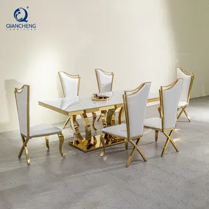 Mesa de jantar e cadeiras luxuosas em aço inoxidável para jantar, mesa de jantar e cadeiras em mármore, minimalista e árabe, com 6 lugares