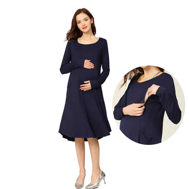 Long Sleeve Maternity Dress Loose Design for Pregnant Women Breastfeeding Wear Lactation Clothes Big Size