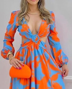 Roupa feminina para verão de 2022, design para expresso, estampa, decote em v, cintura alta, vestido longo - Product Image 2