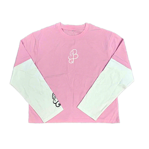 Camiseta de manga larga con bloques de color rosa, cuello redondo, mangas blancas en contraste, estampado de letras, estilo oversized, de secado rápido. - Product Image 1