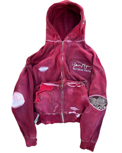 เสื้อฮู้ดครอปซิป Yaris Remy Red Velvet Waffle ผ้าฝ้ายเฟรนช์เทอร์รี่ 100% ทรงโอเวอร์ไซส์ สไตล์สตรีทแวร์  แบบแพทช์เวิร์ค  สำหรับทั้งชายและหญิง - Product Image 1