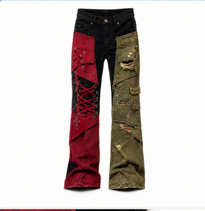 Vaqueros acampanados de hombre Wangsheng de corte holgado con patchwork, estampado digital en denim rojo y verde, lavables, con cordones y efecto desgastado, estilo streetwear. - Product Image 1