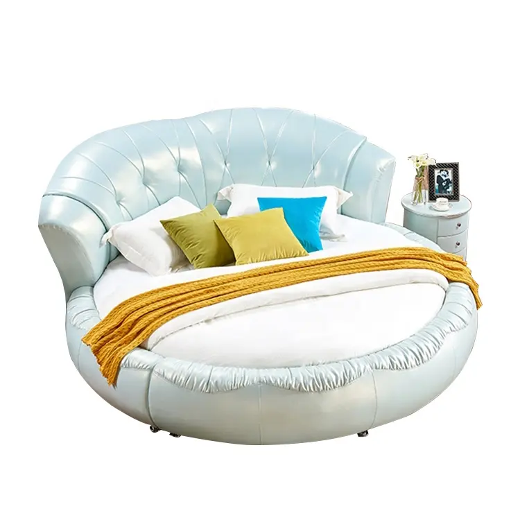Manufacturer romantic style unique sky blue real leather round beds prices king size bed shaped australia