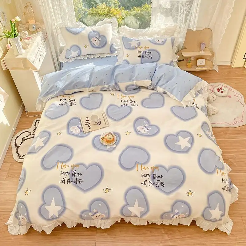 2022 Bedspread Princess Girls Beautiful Decorative Duvet Flat Sheet Pure cotton 4pcs Wholesale Bed Skirt Quilt Cover Bedding