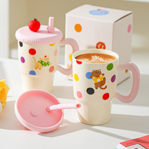 Kawaii Cat Coffee <b>Mug</b> Polka Dot <b>Ceramic</b> <b>Mug</b> with Lid and Straw - Product Image 2