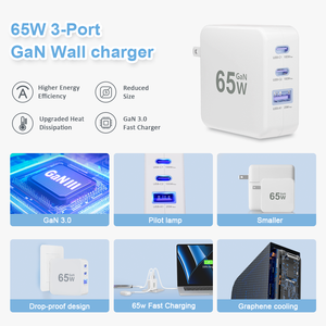 Cargador de Pared Rápido GaN de 65W con 3 Puertos, Doble Tipo-C y USB-A, PD AC 3.0 para Xiaomi, iPhone, Samsung, Huawei, Laptop y Teléfono Móvil - Product Image 2