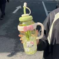 Bouteille d'eau en plastique de 1300 ml avec grande poignée, tasse de fête transparente pour filles, cadeau mignon, grande capacité, tasse à thé au lait en plastique avec paille