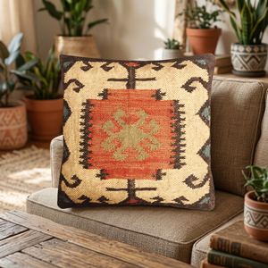 Ensemble de coussins carrés de luxe en jute et laine, motif géométrique multicolore, écologique, décoration intérieure, fabriqué en Inde - Product Image 3