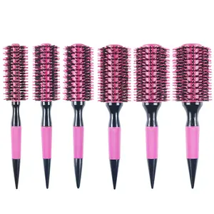 Sikat rambut bulat merah muda populer salon profesional pabrik sikat rol bulat nilon terbaik gagang kayu