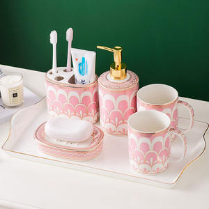 Juego de Baño de 5/6 Piezas con Bandeja, Vaso de Cerámica para Enjuague Bucal, Juego de Accesorios de Baño para Parejas, Juego de Accesorios de Lavado de Porcelana - Product Image 4
