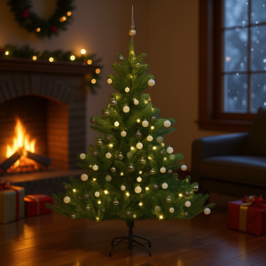 Sapin de Noël artificiel Nordmann Fir 59,1 pouces avec lumières LED blanc chaud, base en plastique pour intérieur, décorations - Product Image 2