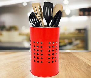 Porte-ustensiles de cuisine en métal rouge cylindrique avec design perforé pour le rangement et l'organisation - Product Image 1