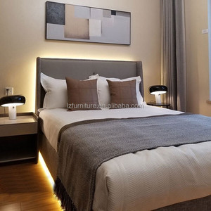 Cheap Hotel Bedroom Furniture Sets with Tufted Upholstered <b>Headboard</b> & Fabric Bed Frames Wood Nightstands For 3 Star Hotels - Product Image 2