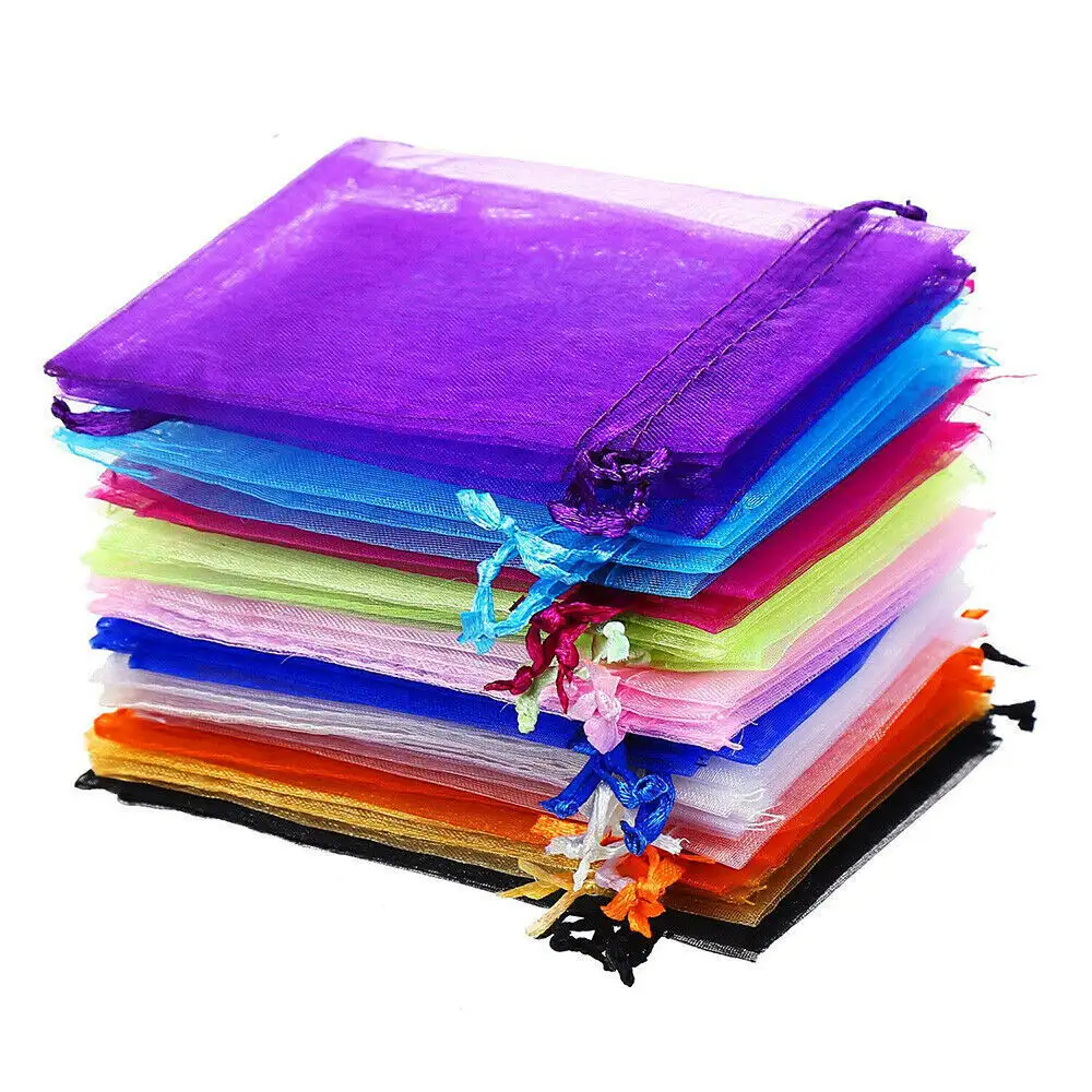 Sacos de presente com cordão transparente, bolsas brancas para joias de organza, sacola colorida para organza com cordão