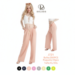 Pantaloni Dolado da donna a gamba larga, vita alta, con coulisse elastica, vestibilità ampia, lunghezza intera, in maglia di cotone ed elastan, estivi, casual, tinta unita - Product Image 1