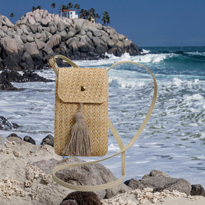 Sac à bandoulière en paille imperméable avec pompon pour les vacances d'été, petit sac pour téléphone portable pour femmes - Product Image 2