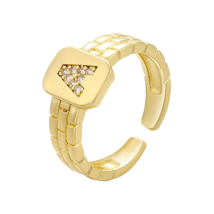 Rm1531 Fijne 18K Gouden Diamant Zirkonia Cz Geplaveid Letter Alfabet Initiële Horlogeband Verstelbare Vingerringen