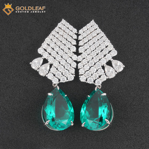 Goldleafgems Lab Grown Emerald Pear Cut <b>Dangle</b> Drop <b>Earrings</b> 925 Sterling Silver Pave Halo Statement Fine Jewelry - Product Image 3