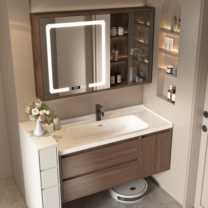 Meuble-lavabo moderne en bois grainé avec armoire miroir LED, certifié CE, mural, étanche - Product Image 4