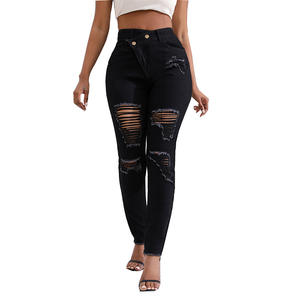 Slim Elástico Negro Ripped Jeans Femme Cintura Alta Agujero Roto Ripped Boyfriend Jeans Venta al por mayor de lujo Skinny Jeans - Product Image 2
