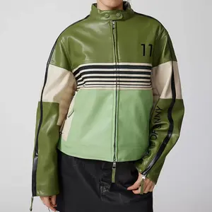 Damen grünes Leder mit lässigem Buchtendruck Streifen lockere lange Ärmel PU Damen Y2K Streetwear-Jacht