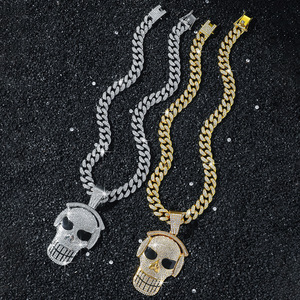 Collier Pendentif Crâne Hip Hop Plaqué Or et Argent, Sertie de Diamants, Chaîne Cubaine pour Homme, Écoutez de la Musique - Product Image 6