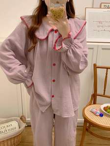 Pigiami in stile coreano con risvolto grande set di camicie <span class=keywords><strong>da</strong></span> <span class=keywords><strong>notte</strong></span> a maniche lunghe in <span class=keywords><strong>cotone</strong></span> 2024 nuovi indumenti <span class=keywords><strong>da</strong></span> <span class=keywords><strong>notte</strong></span> alla moda <span class=keywords><strong>da</strong></span> ragazza dolce e solida - Product Image 6