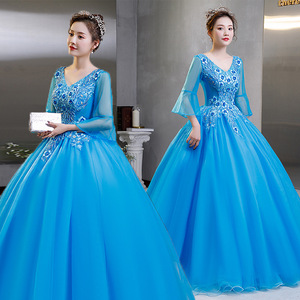 Blue Ethereal Long Evening Gown For Hostess Stage Performance Women Adult Tutu Skirt Polyester Fabric Lake Blue - Product Image 1