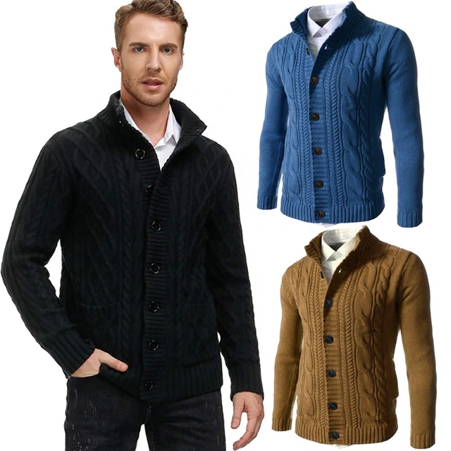 Mens Cardigan Sweaters Grey Warm Knitted Button Down Jacket Stand Collar Cable Knit Coat Winter Clothes Black Sweater