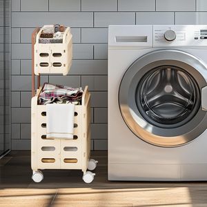 Collapsible Breathable Mildew-Proof Eco-Friendly Modern Plastic 2-Tier Laundry <b>Basket</b> with Pull Rod for Bathroom and Clothing - Product Image 2