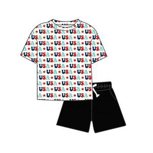 Ensemble décontracté de <span class=keywords><strong>vacances</strong></span> pour garçons, imprimé lettres, manches courtes, couleur unie, short, <span class=keywords><strong>en</strong></span> fibre de bambou, coupe ample, sans taxes, pour le 4 <span class=keywords><strong>juillet</strong></span> - Product Image 1