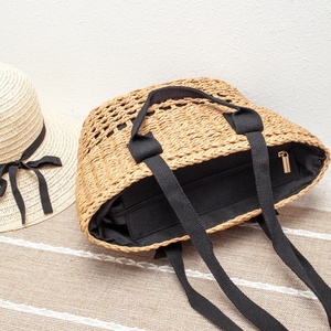 Bolso <span class=keywords><strong>de</strong></span> playa <span class=keywords><strong>de</strong></span> paja tejido a mano <span class=keywords><strong>de</strong></span> la UE, ecológico, cesta <span class=keywords><strong>de</strong></span> verano con asa <span class=keywords><strong>de</strong></span> lona negra, bolso artesanal para compras y vacaciones - Product Image 3