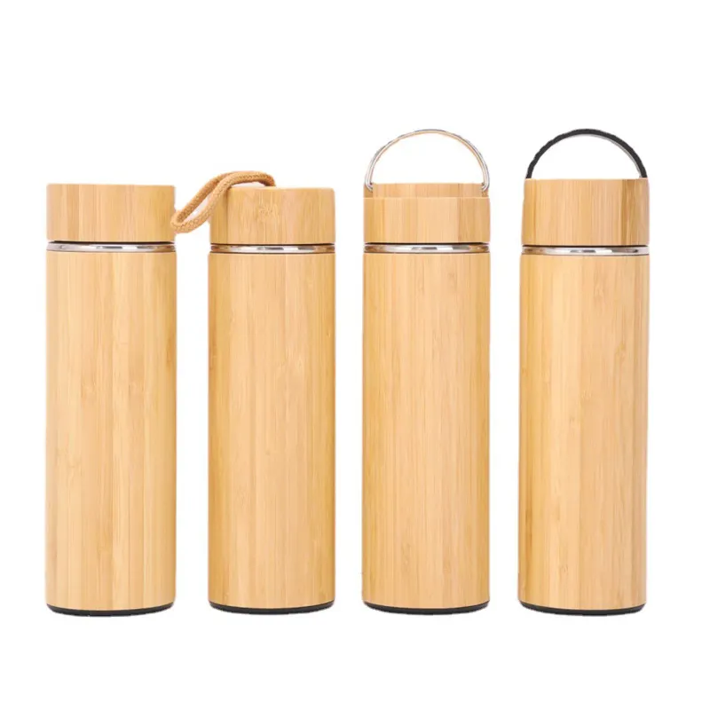 Botol Termos Terisolasi Vakum Baja Tahan Karat Bambu Premium 500Ml Labu Tumbler Infuser Teh Kopi Berdinding Ganda dengan Pegangan