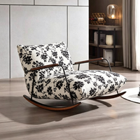 Fauteuil à bascule Tenghang rétro à imprimé encre, accoudoirs en bois de pin, structure en fer, tissu amovible, montage facile, chaise longue pour salon