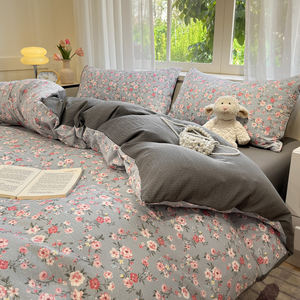 Draps de <span class=keywords><strong>lit</strong></span> en microfibre lavés et confortables King drap de <span class=keywords><strong>lit</strong></span> en Faux lin Polyester housse de couette literie femmes hommes adolescents 4 pièces ensembles - Product Image 2