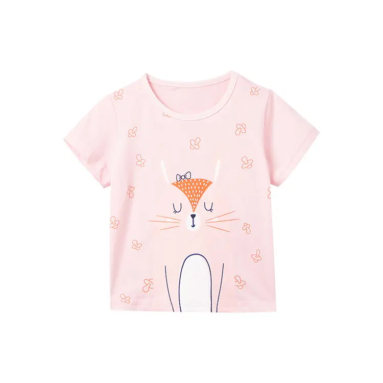 Léger et confortable joli lapin imprimé été à manches courtes coton doux bébé fille T-shirt enfants hauts