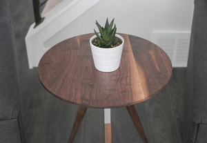 Handmade Wood Living Room Furniture Walnut & Steel Accent <b>Table</b> Handcrafted Mid Century Round End <b>Table</b> Modern - Product Image 2