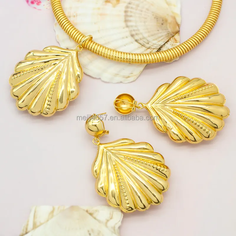 Conjunto de joyería nupcial chapado en oro de 24K, diseño de concha de alta calidad, Flor de Oro brasileño, joyería de Dubái