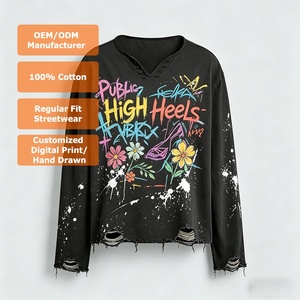 T-shirt Homme à Manches Longues Personnalisé par Fabricant ODM Haut de Gamme, Imprimé Numérique Effet Encre Éclaboussée, Dessiné à la Main, Effet Vieilli - Product Image 1