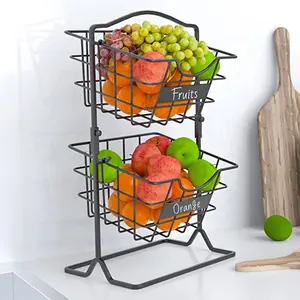 Cesta de Metal de 2 niveles para frutas y verduras, organizador de almacenamiento de aperitivos y pan, estante de soporte