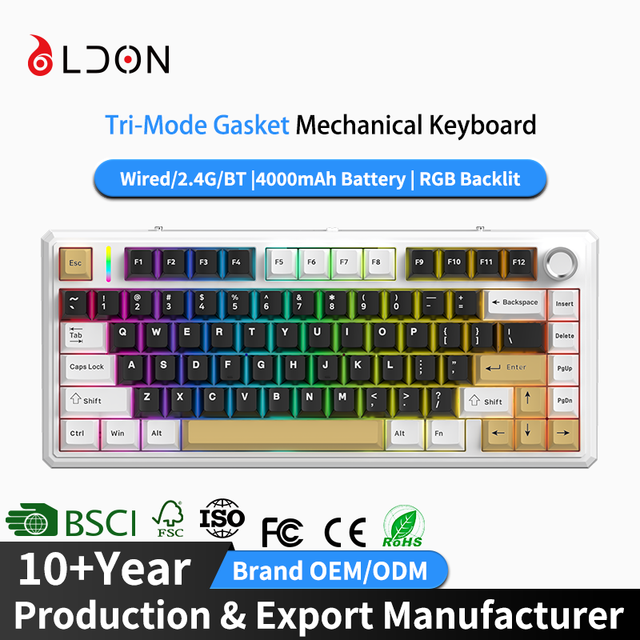 Professional Factory Price 75% Hot Swappable Tri-Mode Wireless RGB Backlit Mechanical Game Keyboard with Side PBT Keycaps