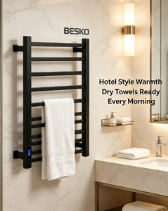 Sèche-serviettes électrique mural BESKO <span class=keywords><strong>noir</strong></span> <span class=keywords><strong>mat</strong></span> en acier inoxydable intelligent avec minuterie et contrôle de la température - Product Image 5