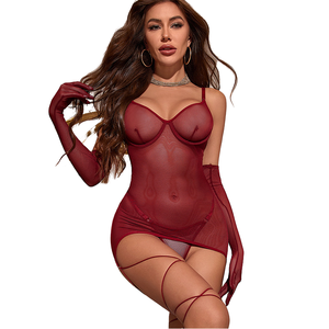 Set Lingerie Wanita Seksi Terlaris Bordir Renda Merah Kombinasi Berkualitas Tinggi Gaun Tidur Sarung Tangan Kontrol Ringan Bernapas - Product Image 1