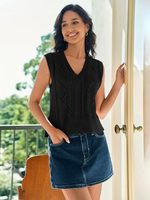 Gilet pour femme col en V sans manches tricot solide décontracté côtelé Preppy pullover hauts