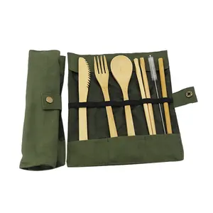 Natuurlijke Bamboe Reis Bestek Kit Bamboe Reisgerei Draagbare Eco Vriendelijke Bestek Set