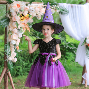 Disfraz de bruja para niñas, vestido de tul, traje de actuación de cosplay para Halloween, color morado y naranja, talla 618 - Product Image 3