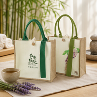 Sac fourre-tout de luxe en lin et jute pour spa et bien-être féminin, avec logo calligraphié, imprimé floral, poignée en ruban décoratif, personnalisation OEM/ODM