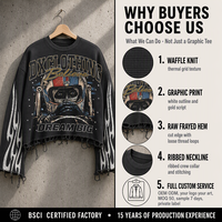 T-shirt à manches longues noir délavé personnalisé en tissu gaufré 280 g/m² avec imprimé graphique Racer et manches effet flamme, ourlet effiloché brut, style streetwear OEM ODM