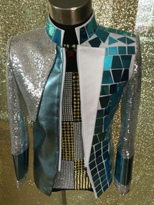 Costume de scène pour <span class=keywords><strong>homme</strong></span>, veste de costume à paillettes miroir faite à la main, pour soirée en boîte de nuit, bar, chanteur masculin, performance, fête - Product Image 2
