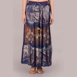 New Stylish Breathable Natural Mid-Rise Flared Maxi <b>Skirt</b> <b>Elasticated</b> Waistband Drawstring Closure Casual Hand Brush Printed - Product Image 3